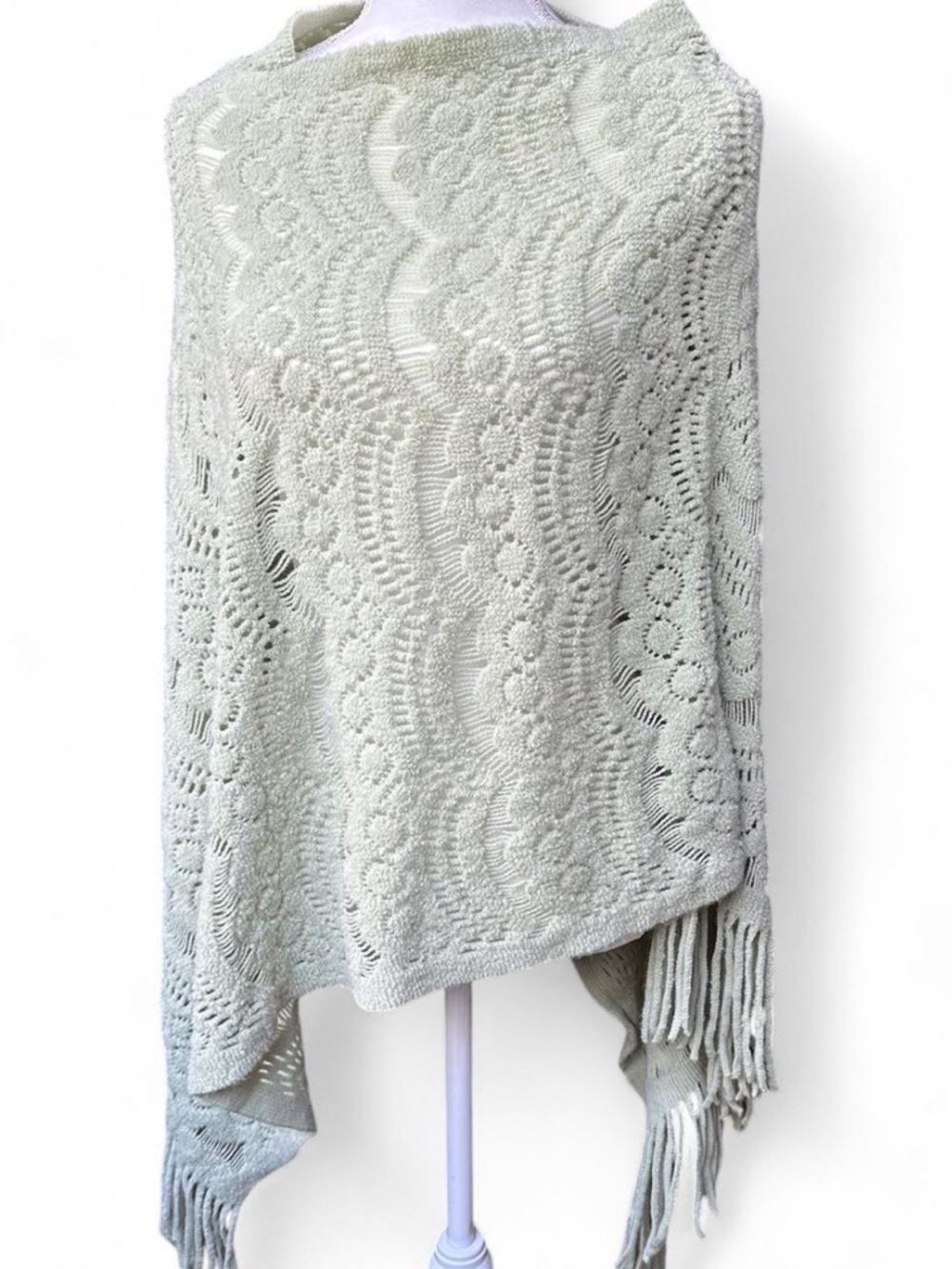 Sage Green-Knit Fringe Poncho Sweater